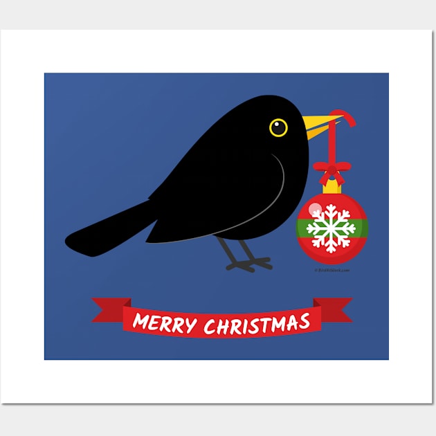 Cute Blackbird With A Christmas Ball - MERRY CHRISTMAS Wall Art by BirdAtWork